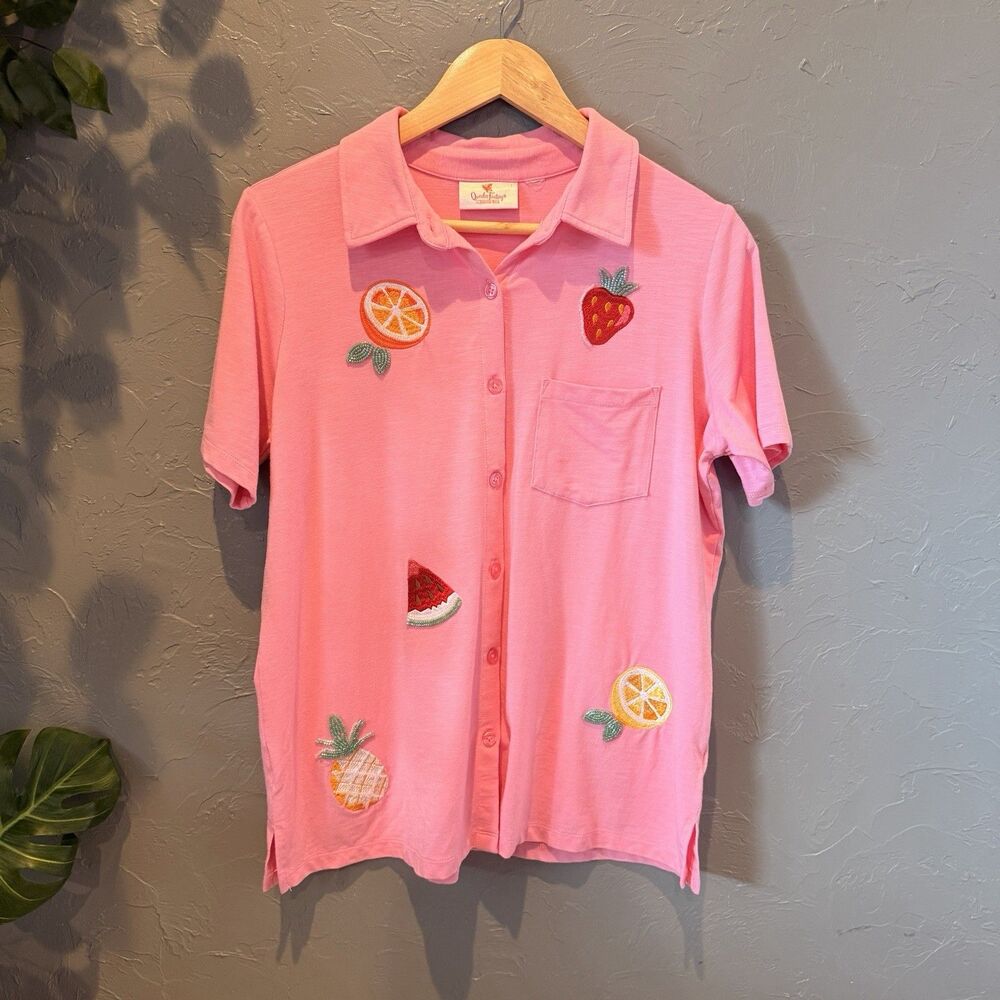 Quacker Factory Fruit Beaded Camp Shirt M Pink Grandmacore Tropical Summer